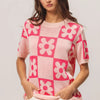 BiBi Flower Checker Pattern Short Sleeve Sweater - Blush/Fuchsia