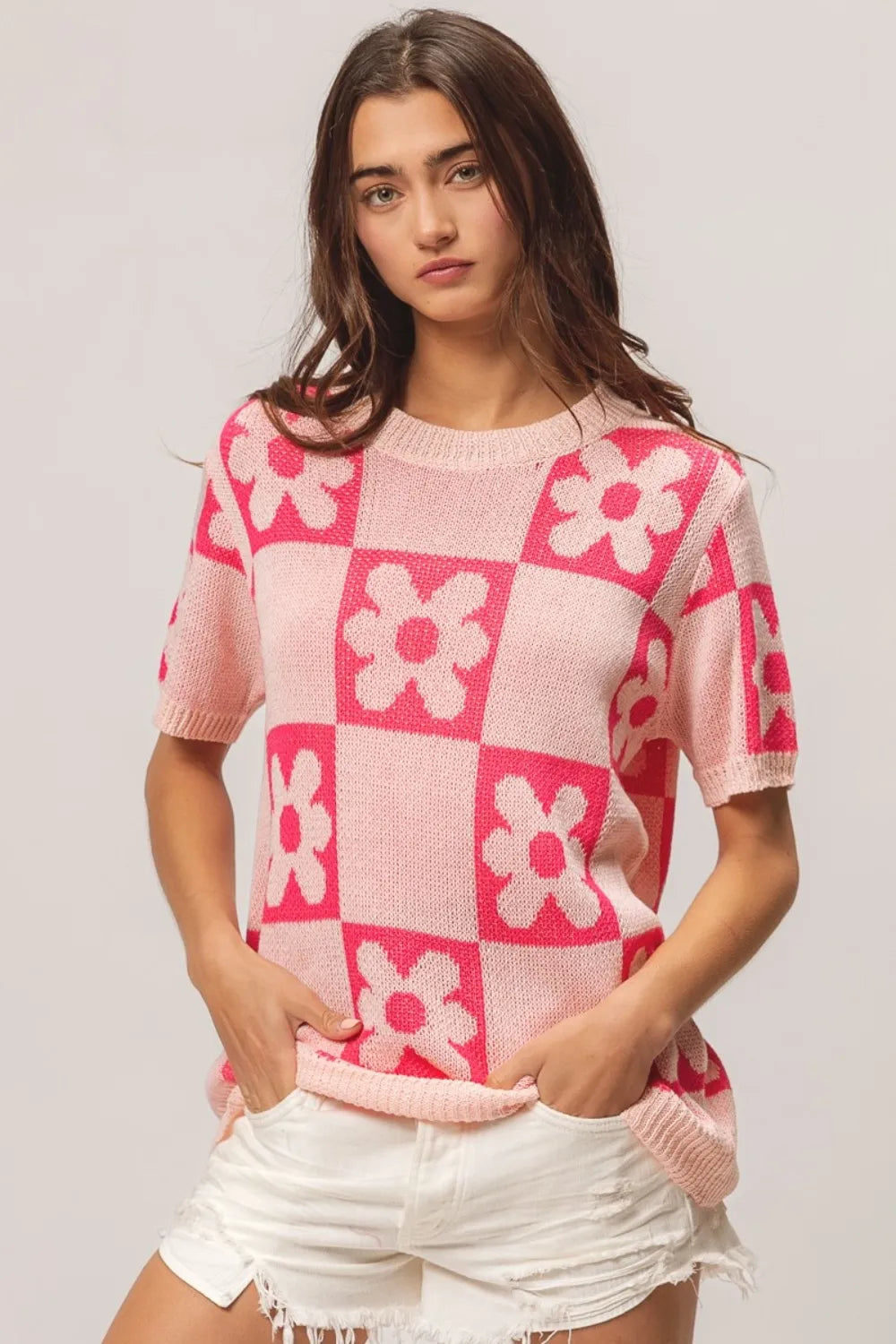 BiBi Flower Checker Pattern Short Sleeve Sweater - Farnelli