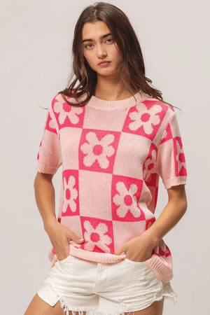 BiBi Flower Checker Pattern Short Sleeve Sweater - Farnelli