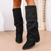 Point Toe Block Heels Boots - Black