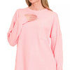 Zenana Ribbed Brushed Melange Hacci Sweater with Chest Pocket - DK PINK