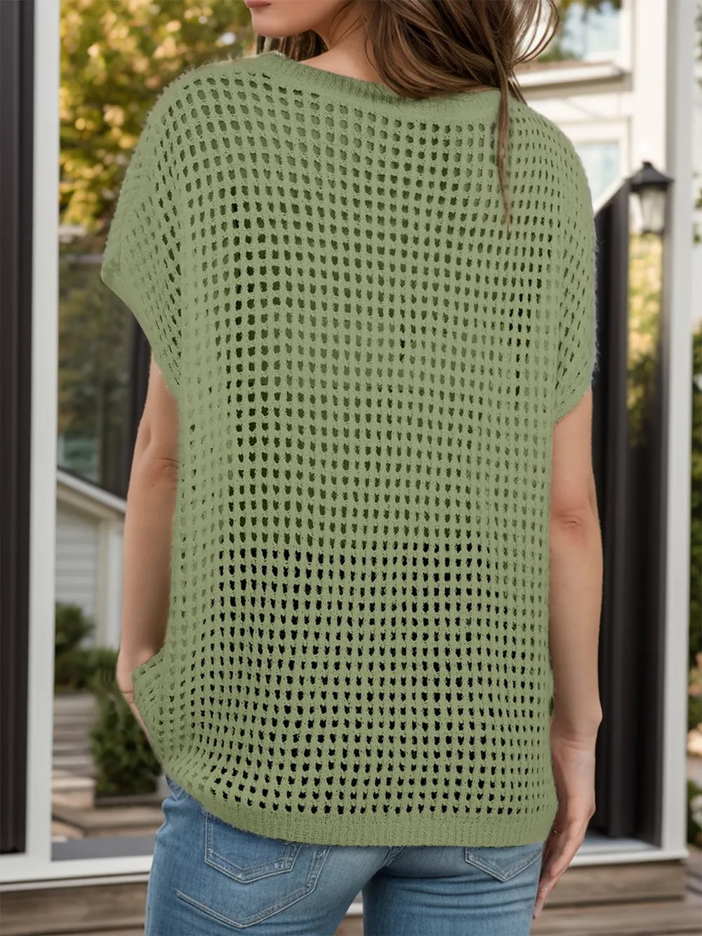 Openwork Round Neck Short Sleeve Cover-Up - Farnelli