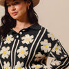 SO ME Floral Stripe Polo Collar Sweater - BLACK/IVORY