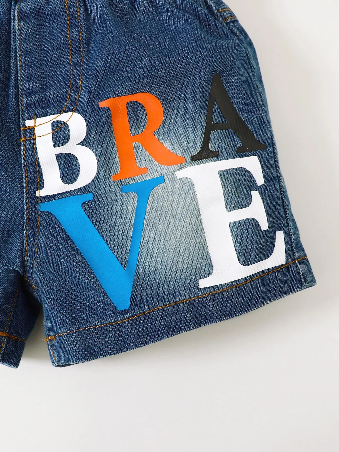 Children's Letter Round Neck Top and Denim Shorts Set - Farnelli