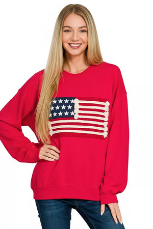 Zenana French Terry American Flag Pullover - Farnelli