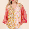 Mittoshop Mixed Patchwork Print Long Sleeve Blouse - ORANGE PINK