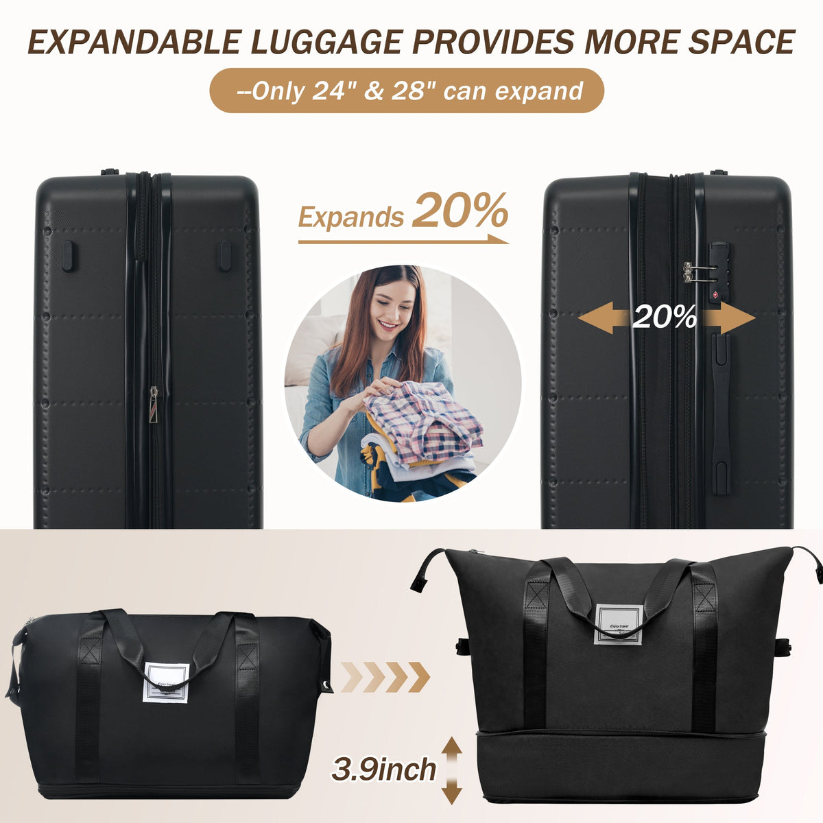 HouseOfZazla black 5-piece hardside luggage set with USB port and TSA lock