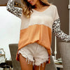BiBi Color Block Leopard V Neck Knit Top - APRICOT