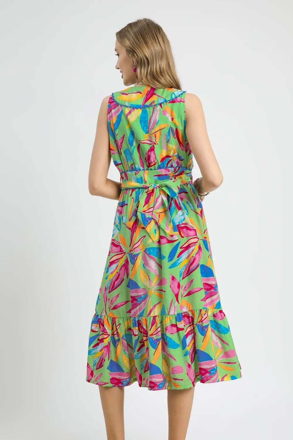 Umgee Ruffled Hem Printed Sleeveless Midi Dress - Farnelli