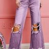 BiBi Distressed Vintage Washed Wide Leg Pants - VINTAGE LAVENDER