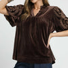 Umgee Full Size Velvet Embroidered Sleeve Blouse Plus Size - Brown
