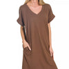 Zenana Brushed Dty Rolled Short Sleeve V-Neck Dress - BROWN
