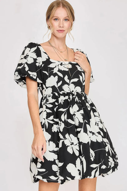 Umgee Full Size Two Tone Floral Print Babydoll Dress Plus Size - Farnelli
