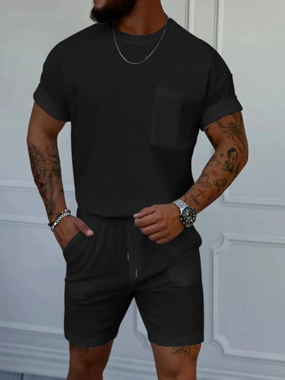 Men's Full Size Round Neck Short Sleeve Top and Shorts Set Plus Size - Farnelli