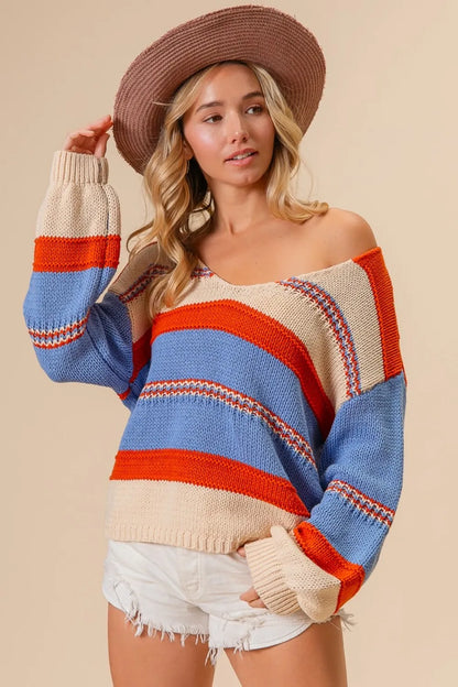 BiBi Multi Color Stripe Scoop Neck Sweater - Farnelli