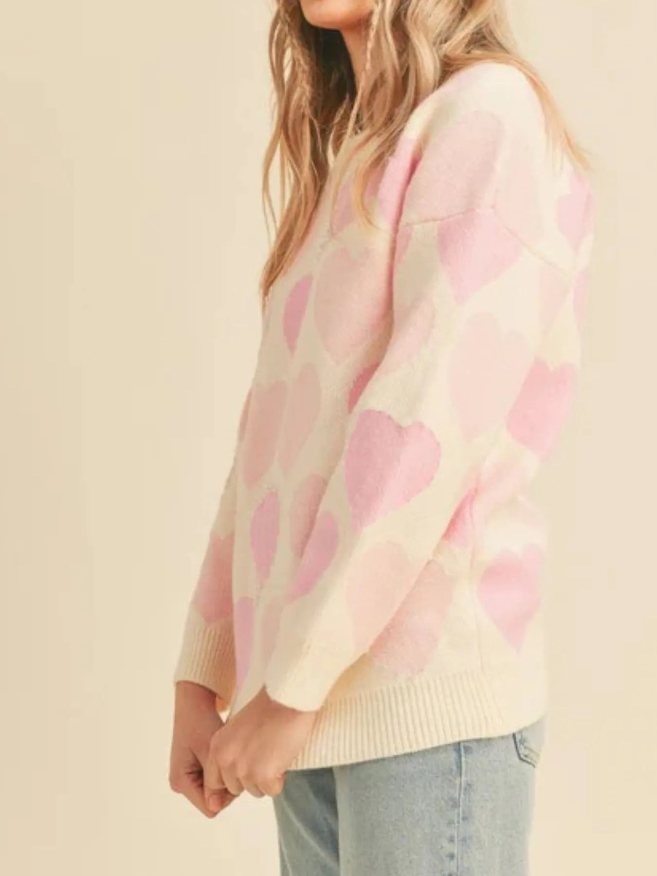 Heart Ribbed Hem Long Sleeve Sweater - Farnelli