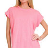 Zenana Round Neck Folded Short Sleeve T-Shirt - H FUCHSIA