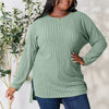 Basic Bae Full Size Ribbed Round Neck Long Sleeve Slit Top - Light Green