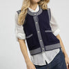 Umgee Contrast Striped Trim Button-Down Sweater Vest - NAVY / CREAM