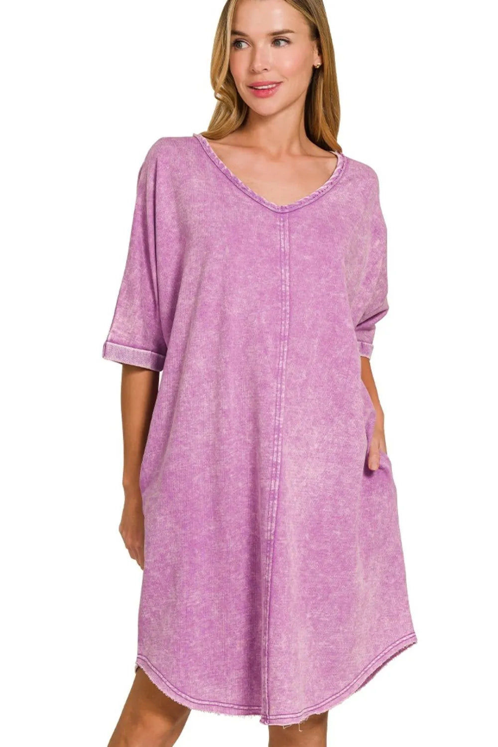 Zenana Acid-washed French Terry Tee Shirts Dress - Farnelli