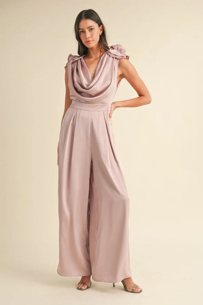 MABLE 3D Floral Applique Deep Cowl Neck Jumpsuit - Farnelli
