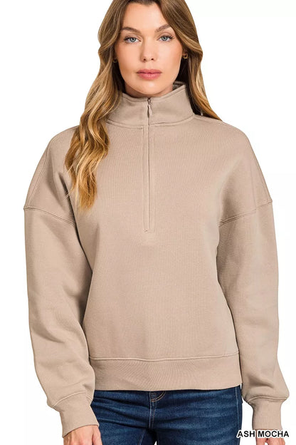 Zenana Fleece High Neck Half Zip Sweatshirt - Farnelli