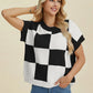 Double Take Full Size Checkered Round Neck Short Sleeve Sweater - Farnelli