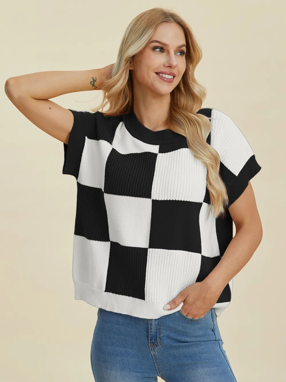 Double Take Full Size Checkered Round Neck Short Sleeve Sweater - Farnelli
