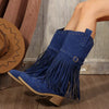 Fringe Point Toe Block Heels Boots - Navy