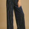 Umgee Full Size Elastic Waist Striped Wide Leg Velvet Pants - Navy
