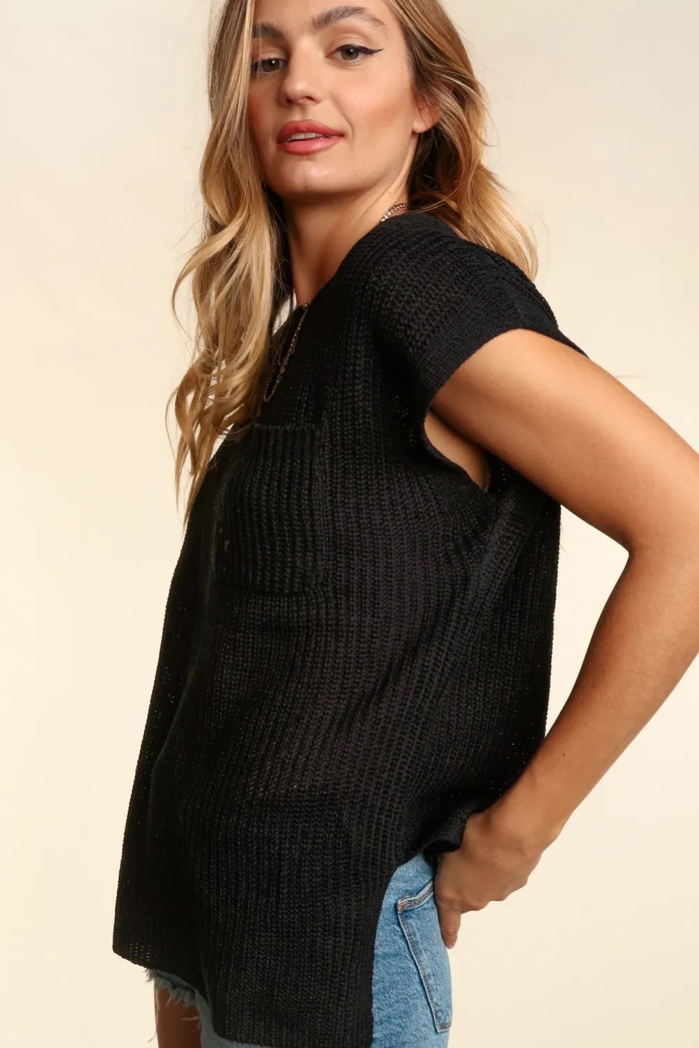 Haptics Pocketed Round Neck Cap Sleeve Knit Top - Farnelli