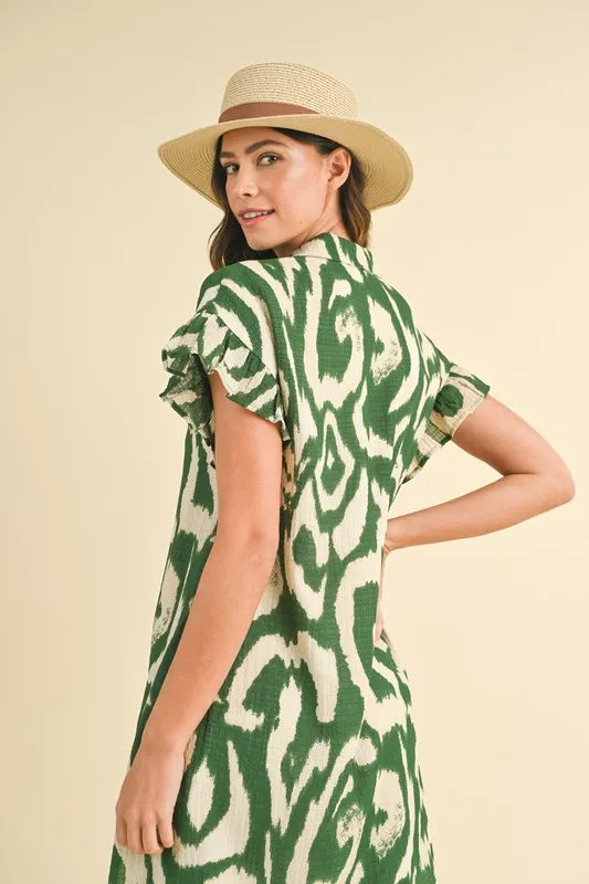 Annie Wear Abstract Printed Frill Sleeve Shirt Mini Dress - Farnelli
