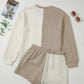 Color Block Patchwork Textured Long Sleeve Top and Short Lounge Set - Farnelli
