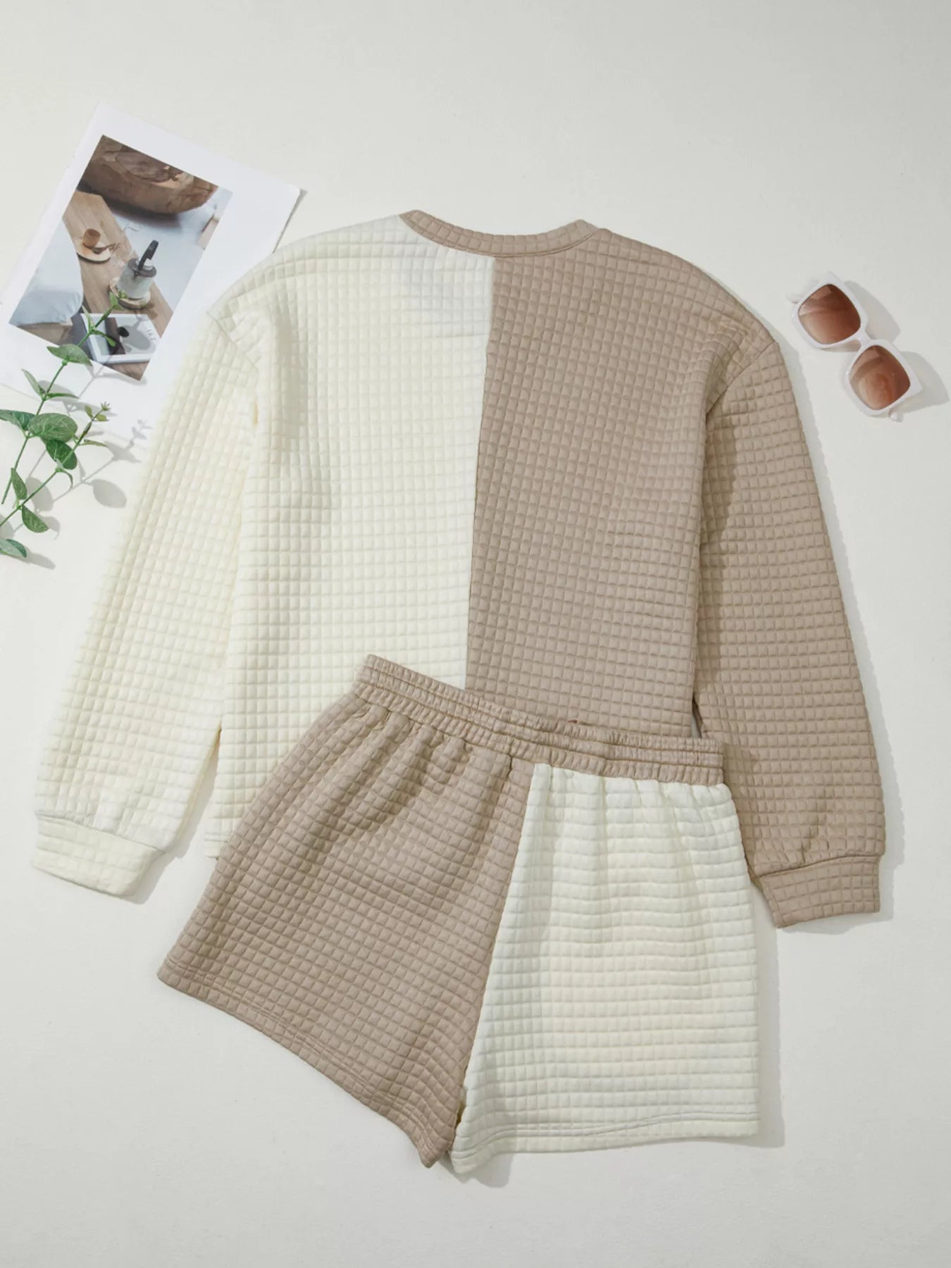 Color Block Patchwork Textured Long Sleeve Top and Short Lounge Set - Farnelli