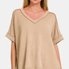 Zenana Corded Rib Short Sleeve High-Low T-Shirt - LT Mocha