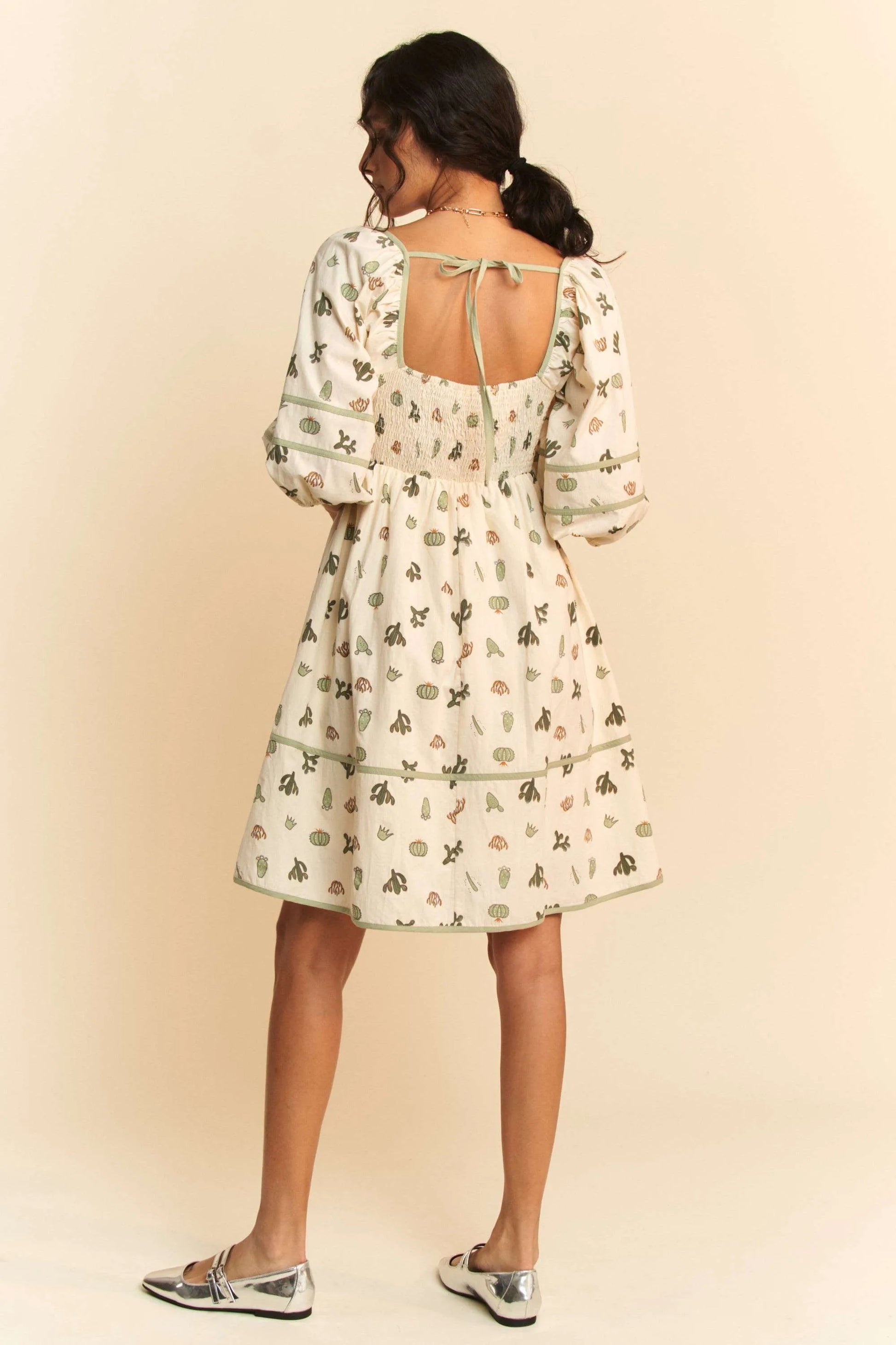 Davi & Dani Cactus Printed Poplin Contrast Piping Mini Dress - Farnelli