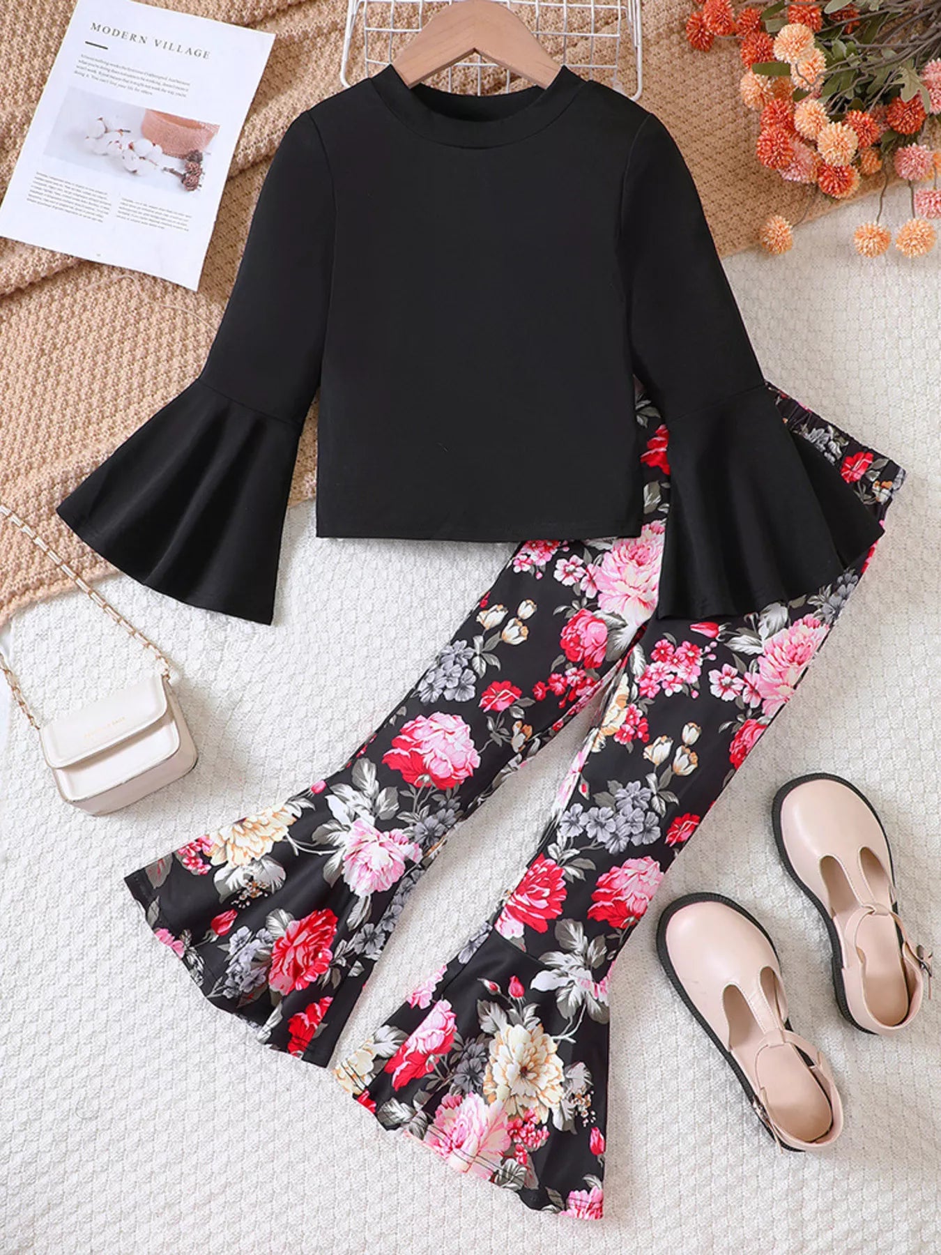 Children's Solid Top & Floral Flare Pants Set - Farnelli