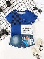 Children's Letter Round Neck Top and Denim Shorts Set - Farnelli