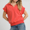 Umgee Luxe Knit Collared Short Sleeve Polo Sweatshirt - RED CORAL