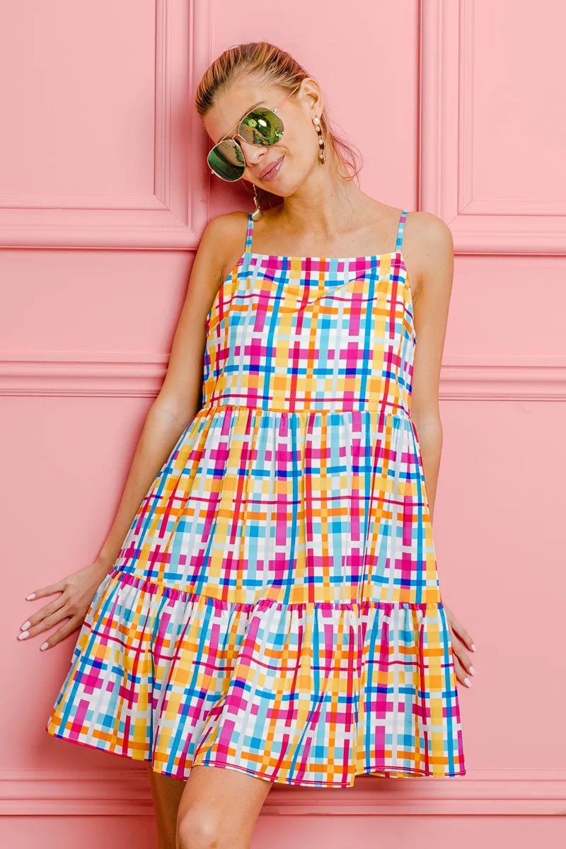 BiBi Multi Colors Plaid Sleeveless Sun Dress - Farnelli