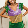 BiBi Mardi Gras Sequin Color Block Ruffled  Top - PURPLE/MUSTARD/GREEN