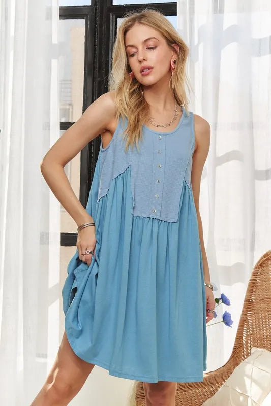 ADORA Decorative Button Sleeveless Babydoll Dress - Farnelli