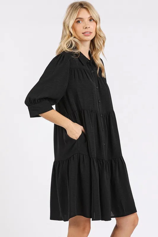 Mittoshop Button Detail Collared Neck Tiered Shirt Dress - Farnelli