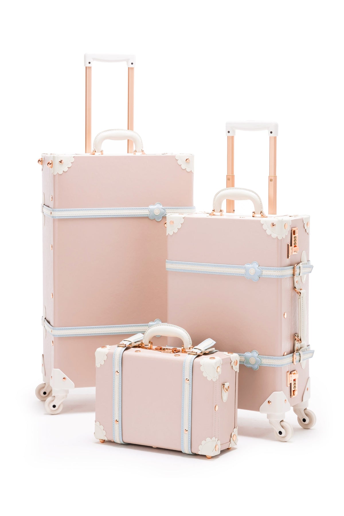 COTRUNKAGE SarahFace cherry pink 3-piece luggage set with rolling suitcases and carry-on bags for travel.