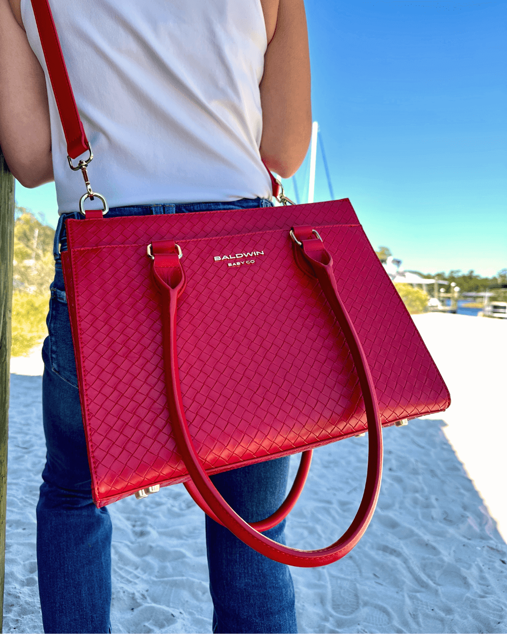 Baldwin Baby Company Montrose diaper bag tote in cardinal red with spacious compartments