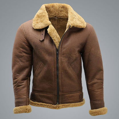 Men’s Brown B3 Shearling Sheepskin WW2 Bomber Leather Flying Aviator Jacket
