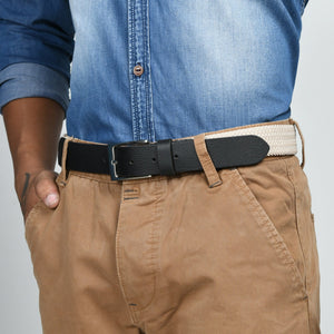 Cream and black braided canvas leather belt from Classy Leather Bags, featuring a sleek design and sturdy leather construction.