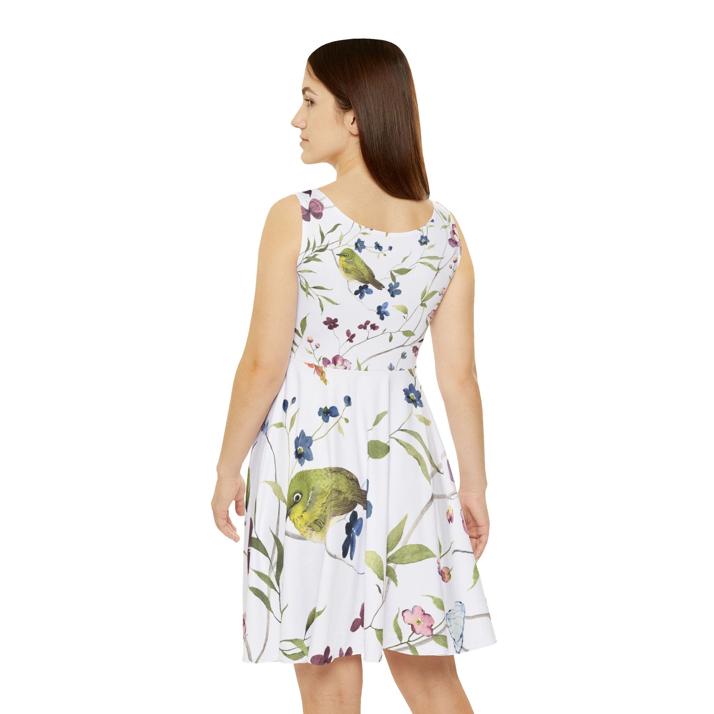 Floral Birds AOP Skater Dress, Spring Dress, Summer Outfit, Casual Dress, Gift for Her, Everyday Wear