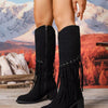 Fringe Point Toe Block Heels Boots - Black