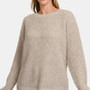 Zenana High Low Long Sleeve Waffle Sweater - H Mocha